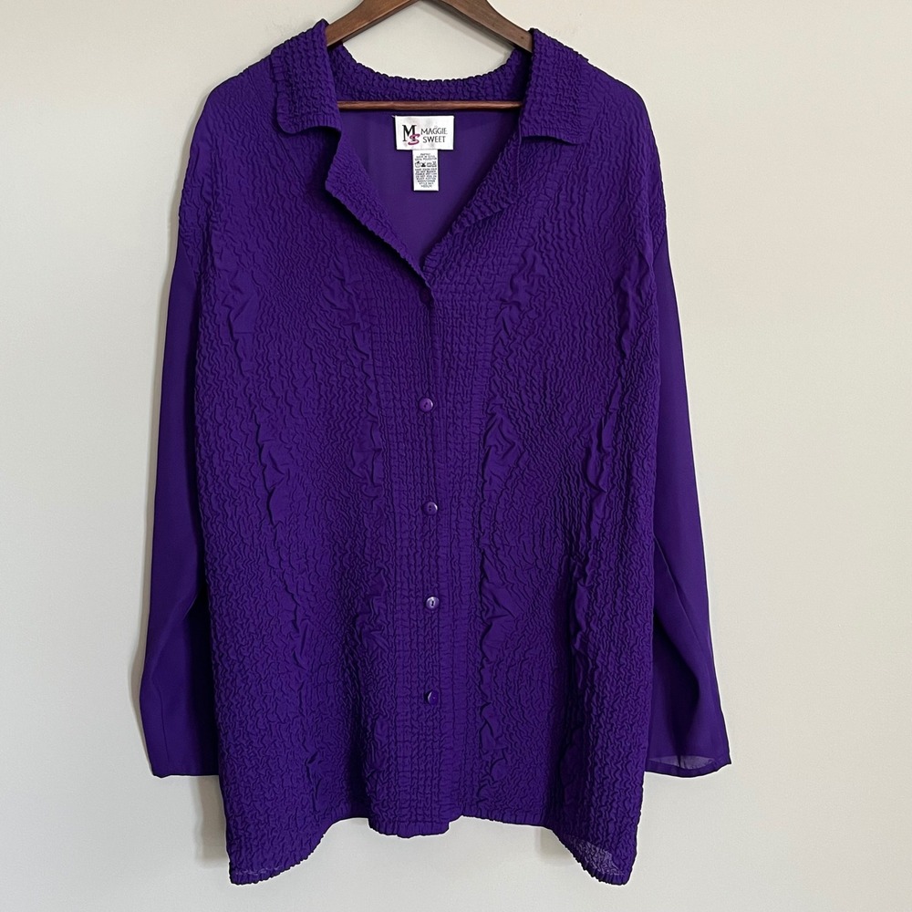 Maggie Sweet Purple Popcorn Pleat Button Down Blouse Sheer Sleeves Medium